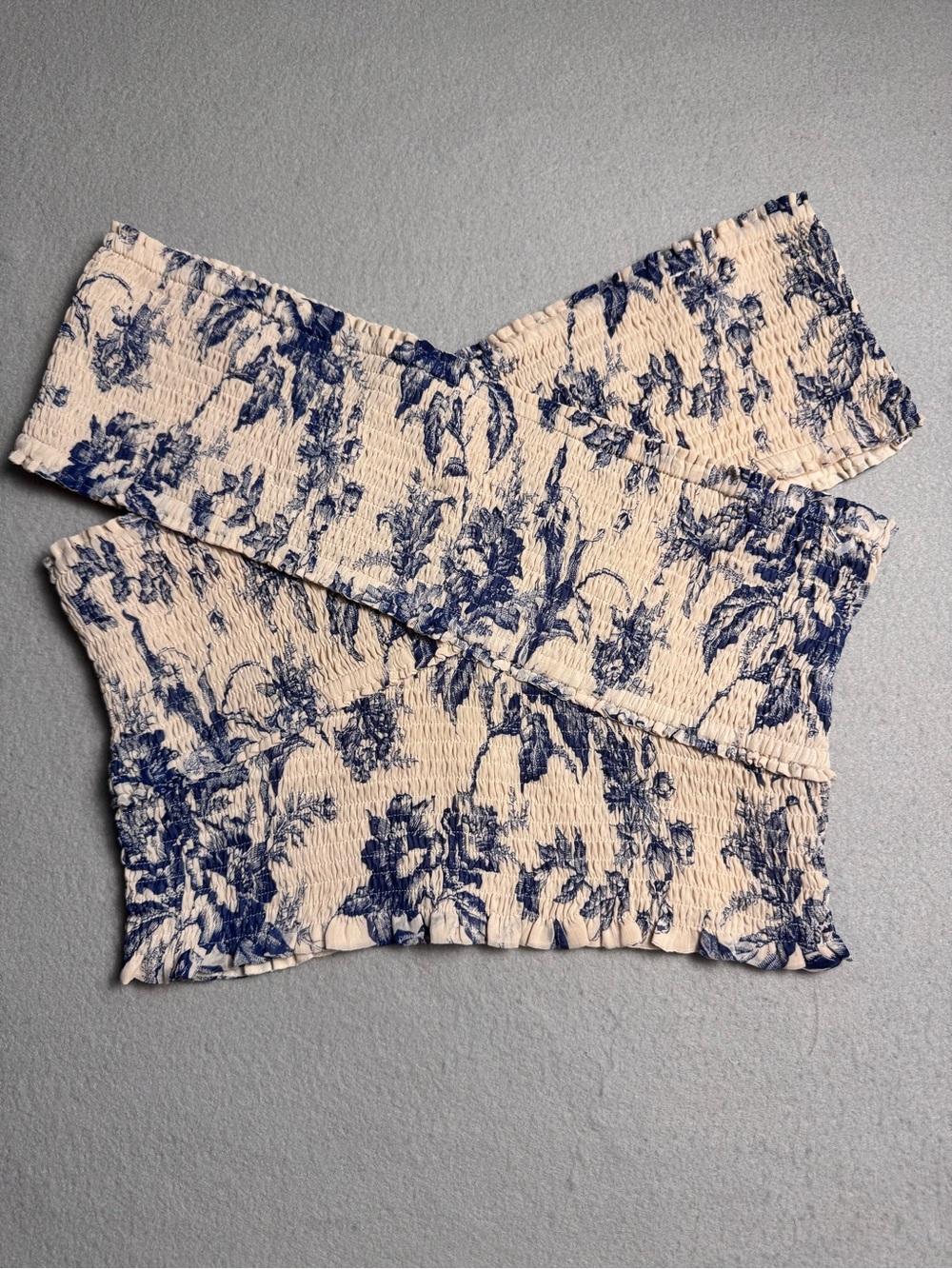 Express Cream and Navy Smocked Off-Shoulder Floral Crop Top